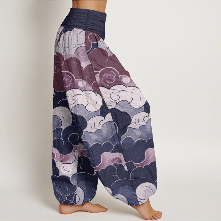 Pantaloni harem da donna in puro cotone con elastico in vita, modello nuvole di buon auspicio, motivo Buddha Stones