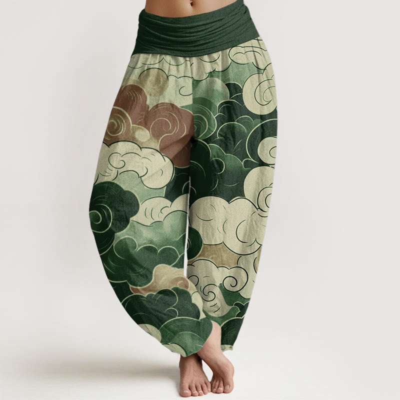 Pantaloni harem da donna in puro cotone con elastico in vita, modello nuvole di buon auspicio, motivo Buddha Stones