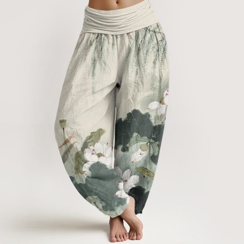 Pantaloni harem da donna con elastico in vita, in cotone, casual, motivo a fiori di loto, motivo Buddha Stones - DarkSeaGreen - US22, UK/AU26, EU54 (6XL) - image 0
