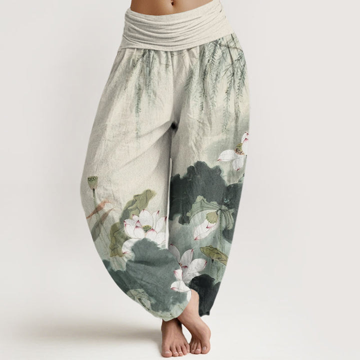 Pantaloni harem da donna con elastico in vita, in cotone, casual, motivo a fiori di loto, motivo Buddha Stones - DarkSeaGreen - US22, UK/AU26, EU54 (6XL) - image 0