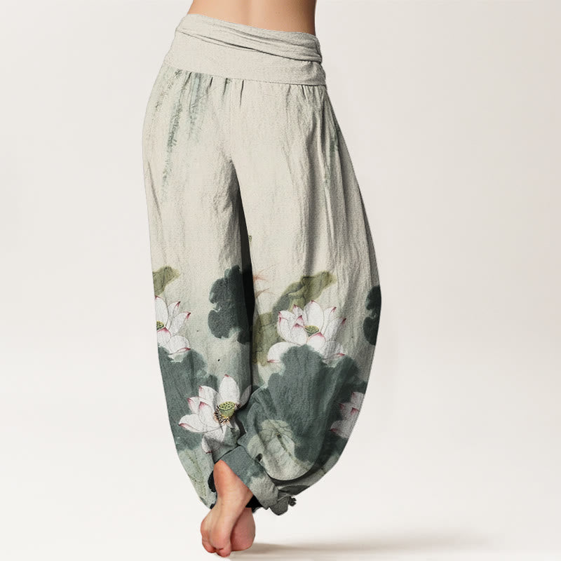 Pantaloni harem da donna con elastico in vita, in cotone, casual, motivo a fiori di loto, motivo Buddha Stones - image 2