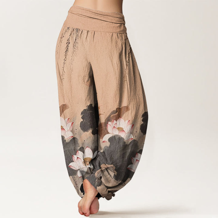 Pantaloni harem da donna con elastico in vita, in cotone, casual, motivo a fiori di loto, motivo Buddha Stones - image 6