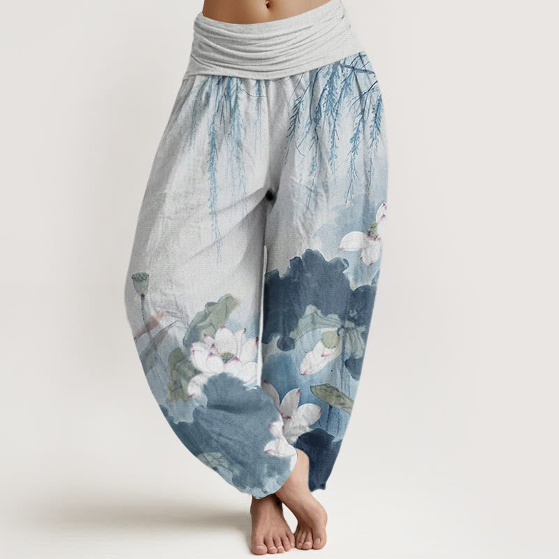 Pantaloni harem da donna con elastico in vita, in cotone, casual, motivo a fiori di loto, motivo Buddha Stones - Cielo blu - US22, UK/AU26, EU54 (6XL) - image 7