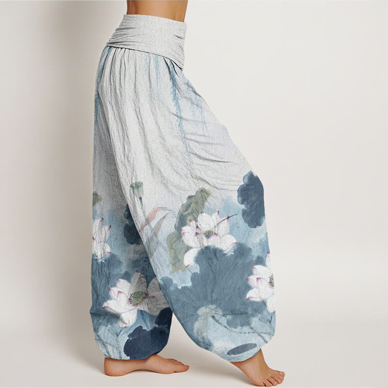 Pantaloni harem da donna con elastico in vita, in cotone, casual, motivo a fiori di loto, motivo Buddha Stones - image 8