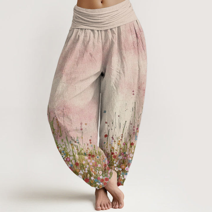 Pantaloni harem da donna con elastico in vita, in puro cotone, casual, con motivo di fiori di campo colorati, motivo Buddha Stones