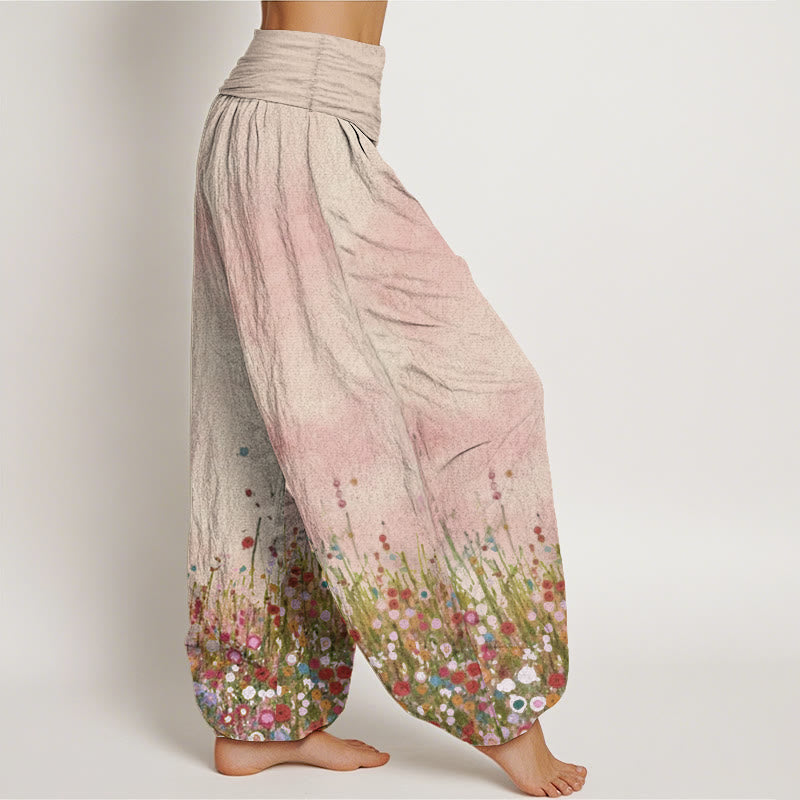 Pantaloni harem da donna con elastico in vita, in puro cotone, casual, con motivo di fiori di campo colorati, motivo Buddha Stones
