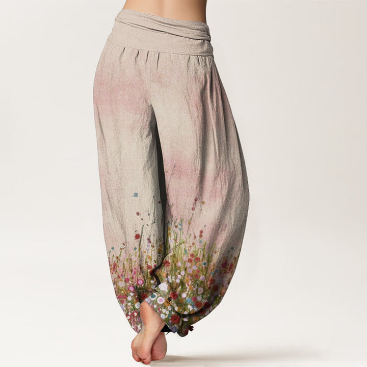 Pantaloni harem da donna con elastico in vita, in puro cotone, casual, con motivo di fiori di campo colorati, motivo Buddha Stones