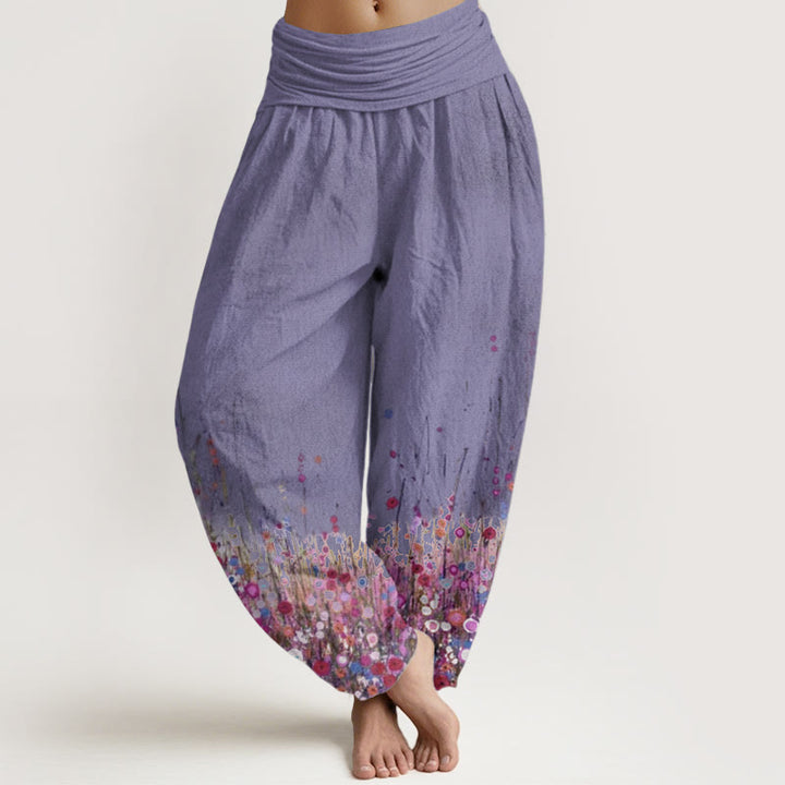 Pantaloni harem da donna con elastico in vita, in puro cotone, casual, con motivo di fiori di campo colorati, motivo Buddha Stones
