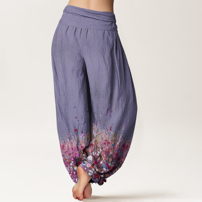 Pantaloni harem da donna con elastico in vita, in puro cotone, casual, con motivo di fiori di campo colorati, motivo Buddha Stones