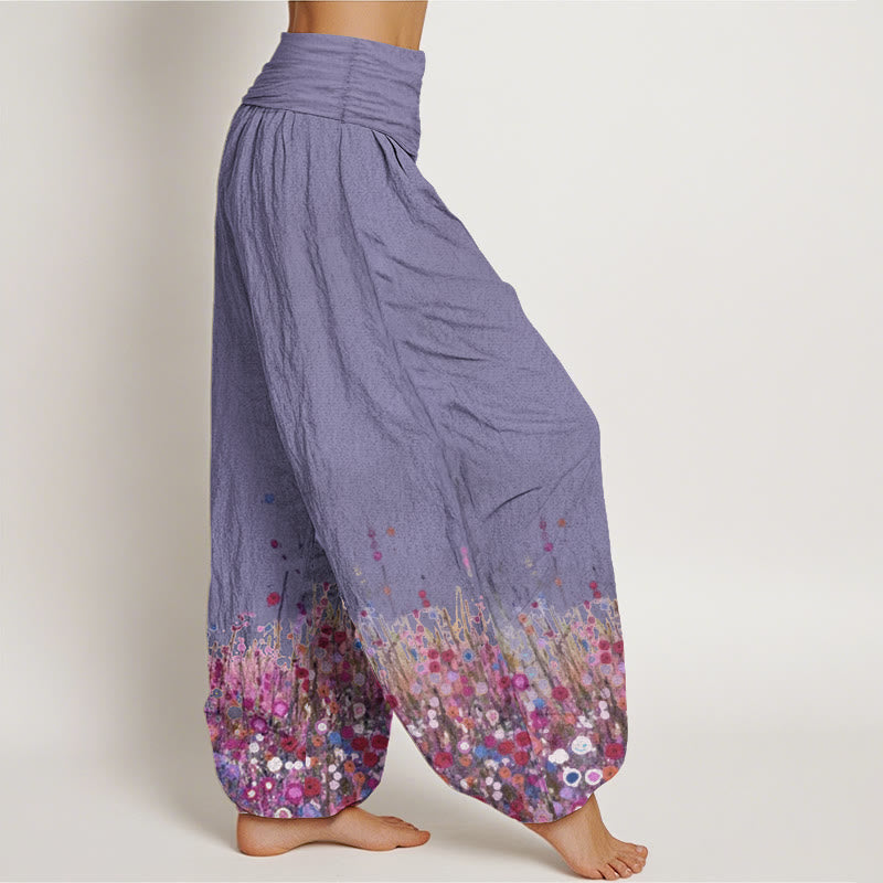 Pantaloni harem da donna con elastico in vita, in puro cotone, casual, con motivo di fiori di campo colorati, motivo Buddha Stones