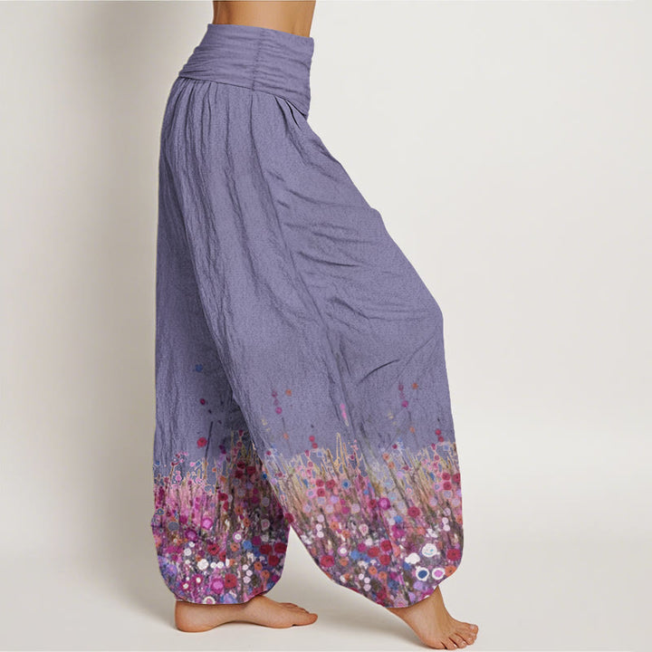 Pantaloni harem da donna con elastico in vita, in puro cotone, casual, con motivo di fiori di campo colorati, motivo Buddha Stones