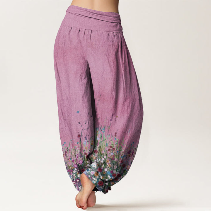 Pantaloni harem da donna con elastico in vita, in puro cotone, casual, con motivo di fiori di campo colorati, motivo Buddha Stones