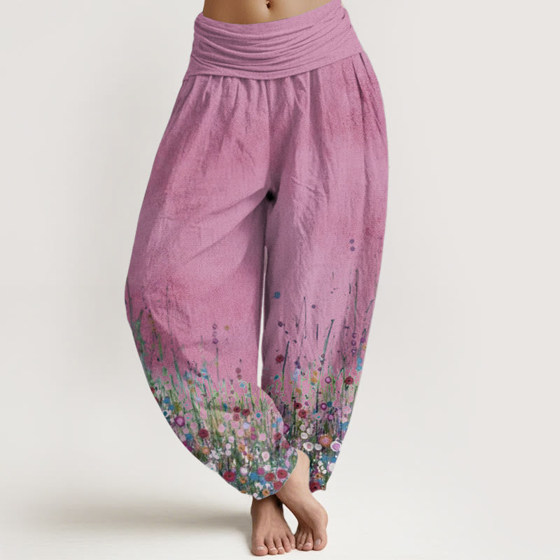 Pantaloni harem da donna con elastico in vita, in puro cotone, casual, con motivo di fiori di campo colorati, motivo Buddha Stones