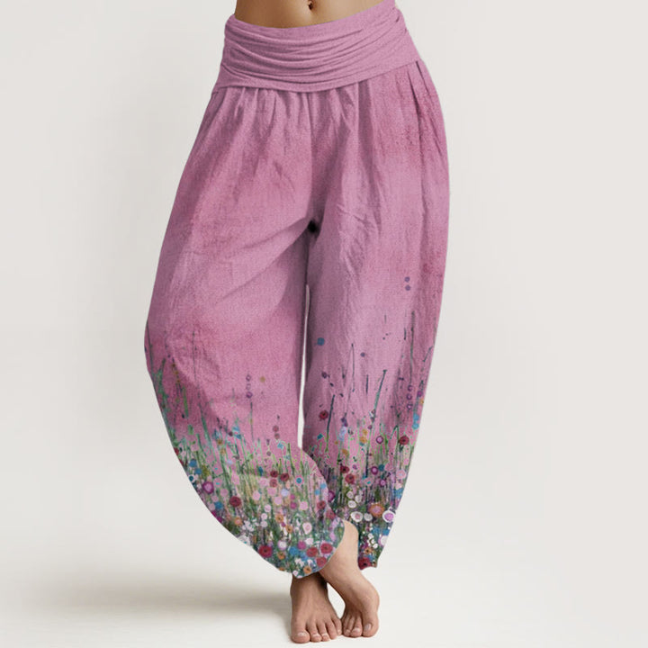 Pantaloni harem da donna con elastico in vita, in puro cotone, casual, con motivo di fiori di campo colorati, motivo Buddha Stones