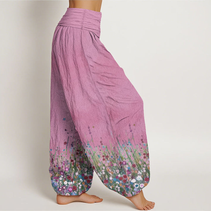 Pantaloni harem da donna con elastico in vita, in puro cotone, casual, con motivo di fiori di campo colorati, motivo Buddha Stones