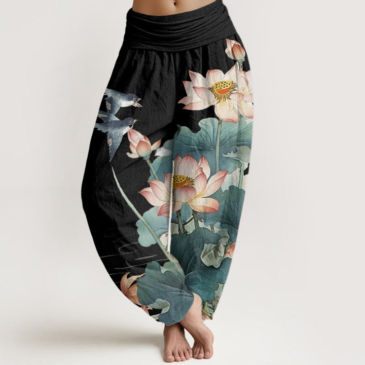 Pantaloni harem da donna con elastico in vita, modello Buddha Stones, casual, estivi, motivo Lotus Pond - Nero - US22, UK/AU26, EU54 (6XL) - image 5