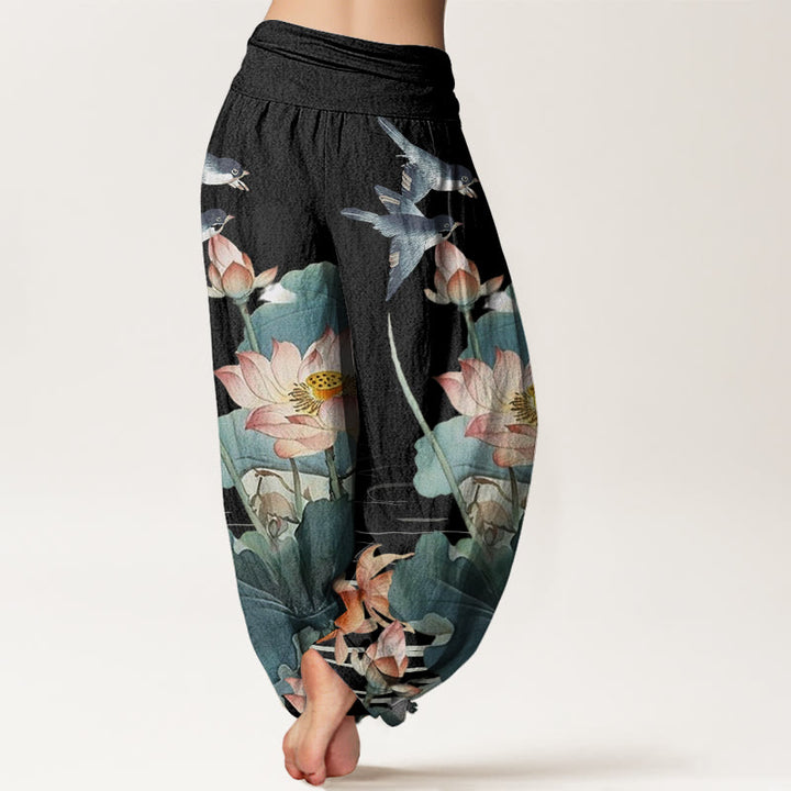 Pantaloni harem da donna con elastico in vita, modello Buddha Stones, casual, estivi, in cotone e con motivo a stagno di loto - image 6