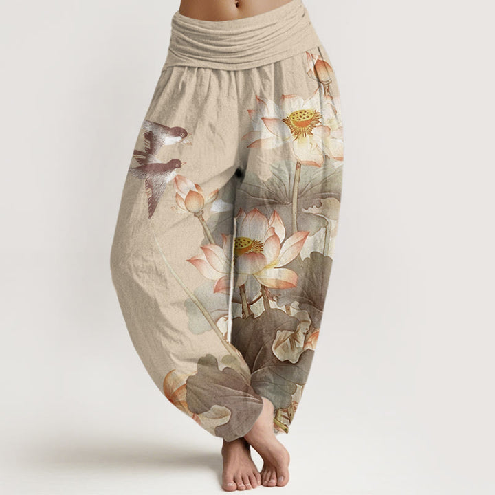 Pantaloni harem da donna con elastico in vita, modello Buddha Stones, casual, estivi, in cotone e con motivo a stagno di loto - Abbronzatura - US22, UK/AU26, EU54 (6XL) - image 7