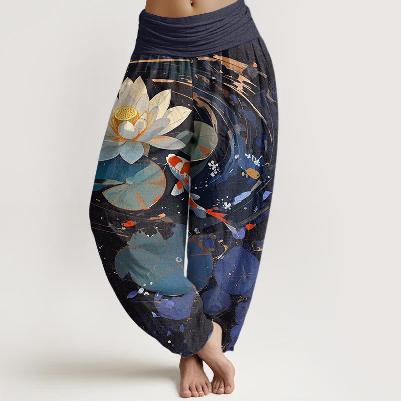 Pantaloni harem da donna con elastico in vita, modello Buddha Stones, casual, estivi, motivo a loto e pesce koi - Blu scuro - US22, UK/AU26, EU54 (6XL) - image 1