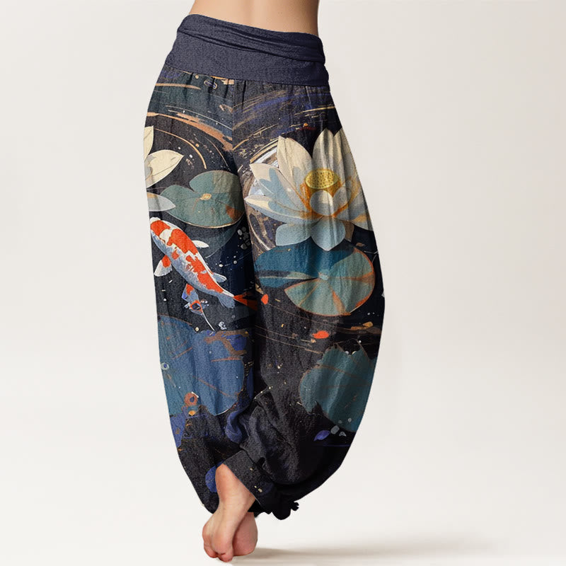 Pantaloni harem da donna con elastico in vita, modello Buddha Stones, casual, estivi, motivo a loto e pesce koi - image 3