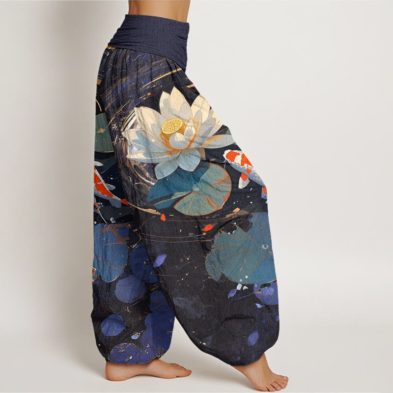 Pantaloni harem da donna con elastico in vita, modello Buddha Stones, casual, estivi, motivo a loto e pesce koi - image 1