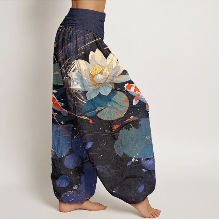 Pantaloni harem da donna con elastico in vita, modello Buddha Stones, casual, estivi, motivo a loto e pesce koi - image 1