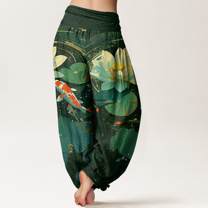 Pantaloni harem da donna con elastico in vita, modello Buddha Stones, casual, estivi, motivo a loto e pesce koi - image 6