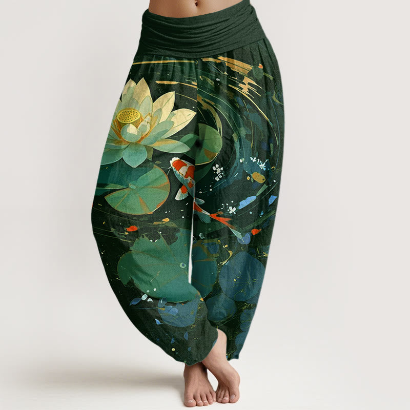 Pantaloni harem da donna con elastico in vita, modello Buddha Stones, casual, estivi, motivo a loto e pesce koi - Verde scuro - US22, UK/AU26, EU54 (6XL) - image 4