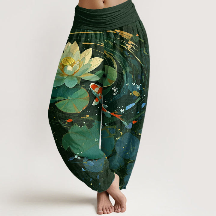Pantaloni harem da donna con elastico in vita, modello Buddha Stones, casual, estivi, motivo a loto e pesce koi - Verde scuro - US22, UK/AU26, EU54 (6XL) - image 4