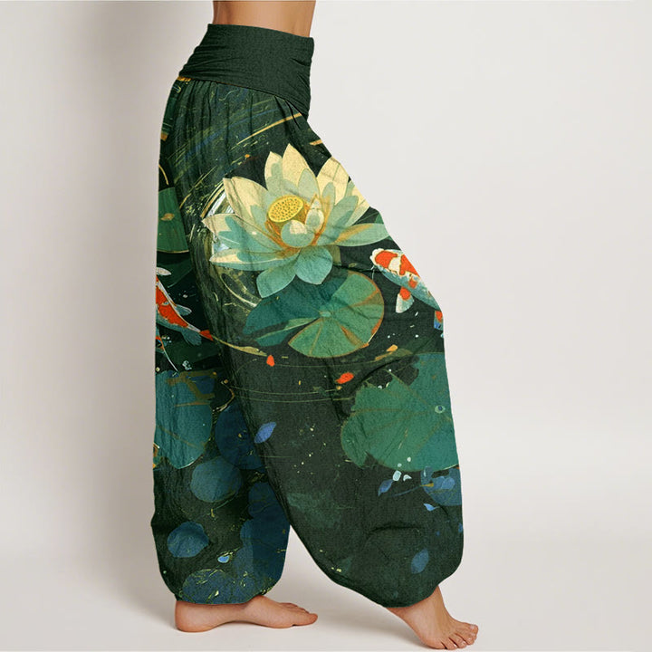 Pantaloni harem da donna con elastico in vita, modello Buddha Stones, casual, estivi, motivo a loto e pesce koi - image 6