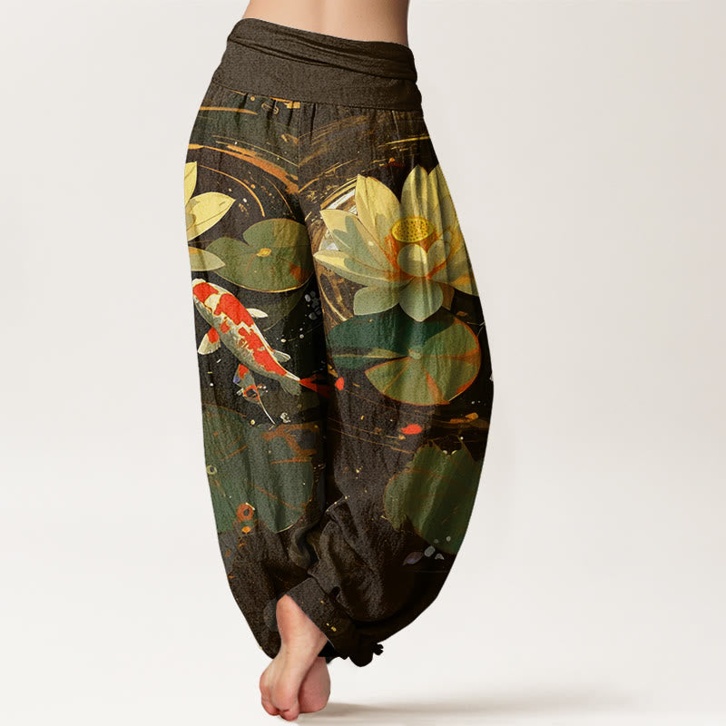 Pantaloni harem da donna con elastico in vita, modello Buddha Stones, casual, estivi, motivo a loto e pesce koi - image 9
