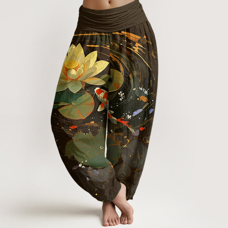 Pantaloni harem da donna con elastico in vita, modello Buddha Stones, casual, estivi, motivo a loto e pesce koi - Marrone sella - US22, UK/AU26, EU54 (6XL) - image 8