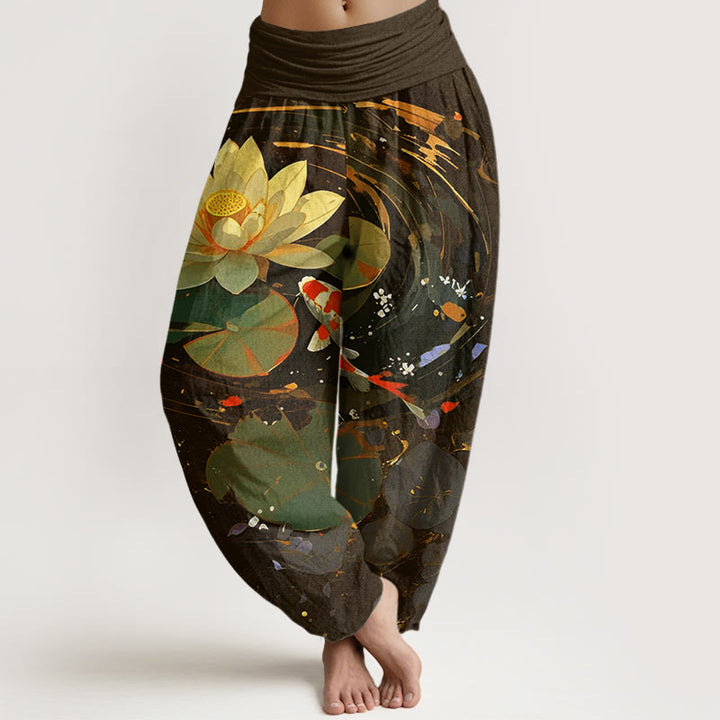 Pantaloni harem da donna con elastico in vita, modello Buddha Stones, casual, estivi, motivo a loto e pesce koi - Marrone sella - US22, UK/AU26, EU54 (6XL) - image 8