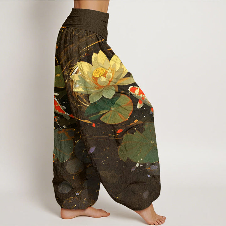 Pantaloni harem da donna con elastico in vita, modello Buddha Stones, casual, estivi, motivo a loto e pesce koi - image 9