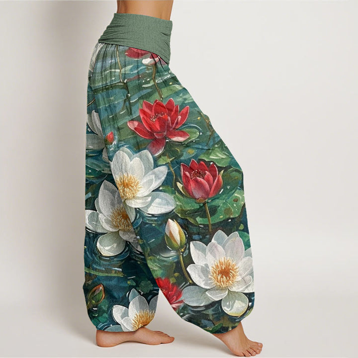 Pantaloni harem da donna con elastico in vita, modello casual con motivo a fiori di loto rosso in fiore, motivo Buddha Stones - image 2