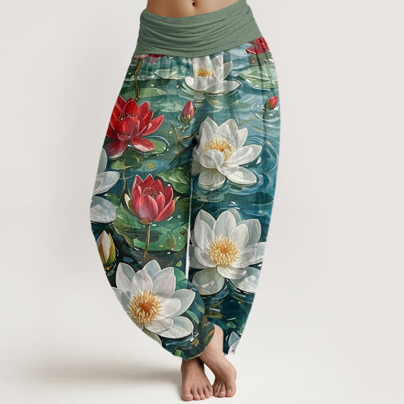 Pantaloni harem da donna con elastico in vita, modello casual con motivo a fiori di loto rosso in fiore, motivo Buddha Stones - Verde foresta - US22, UK/AU26, EU54 (6XL) - image 0