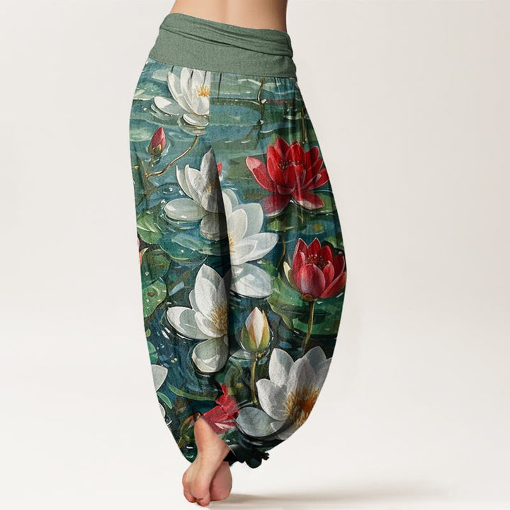Pantaloni harem da donna con elastico in vita, modello casual con motivo a fiori di loto rosso in fiore, motivo Buddha Stones - image 2