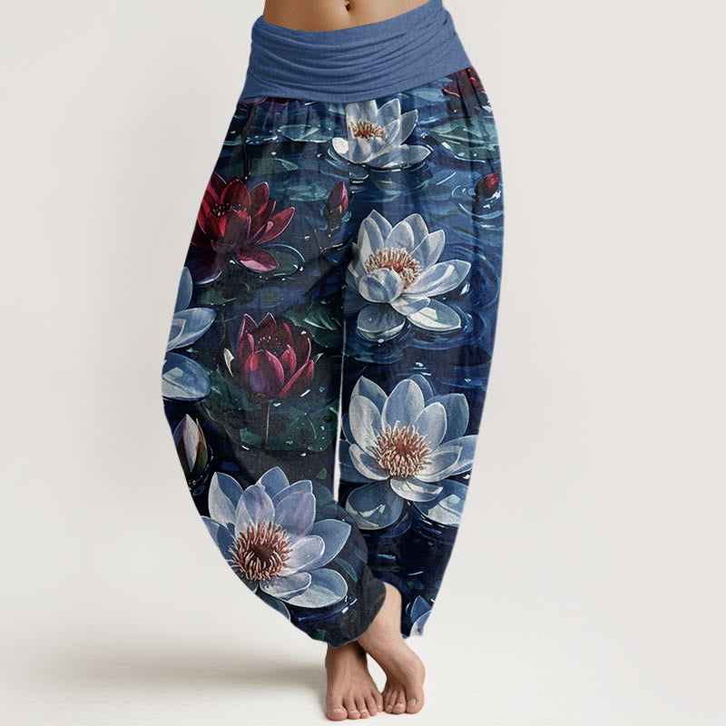 Pantaloni harem da donna con elastico in vita, in cotone, casual, con motivo a fiori di loto rosso in fiore, motivo Buddha Stones - Blu medio - US22, UK/AU26, EU54 (6XL) - image 4