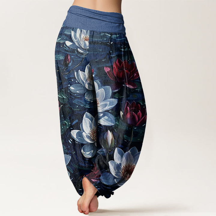 Pantaloni harem da donna con elastico in vita, in cotone, casual, con motivo a fiori di loto rosso in fiore, motivo Buddha Stones - image 6