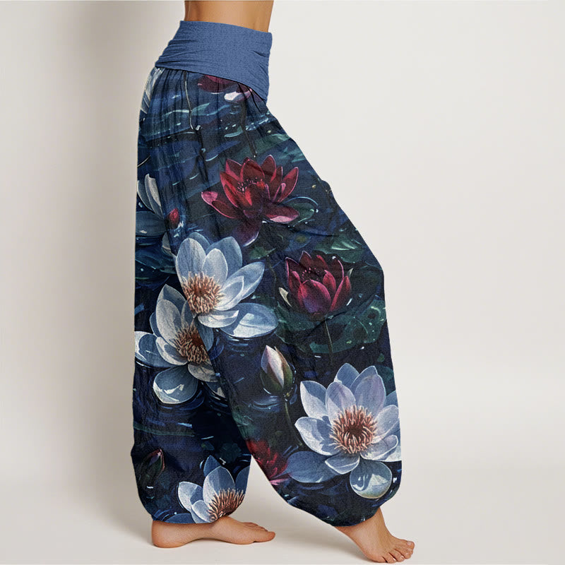 Pantaloni harem da donna con elastico in vita, in cotone, casual, con motivo a fiori di loto rosso in fiore, motivo Buddha Stones - image 5