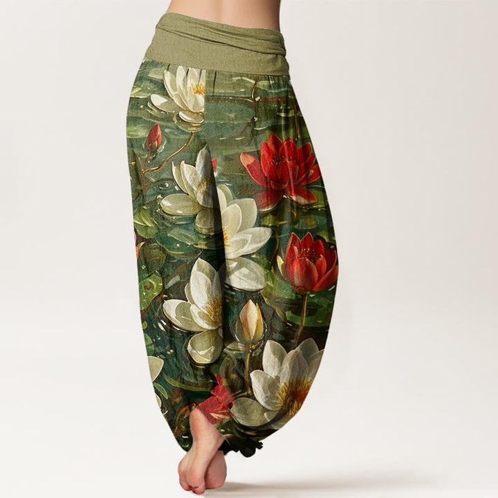 Pantaloni harem da donna con elastico in vita, in cotone, casual, con motivo a fiori di loto rosso in fiore, motivo Buddha Stones - image 9