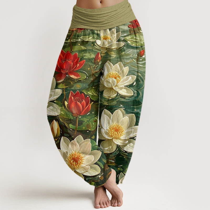Pantaloni harem da donna con elastico in vita, modello casual con motivo a fiori di loto rosso in fiore, motivo Buddha Stones - Oliva - US22, UK/AU26, EU54 (6XL) - image 7