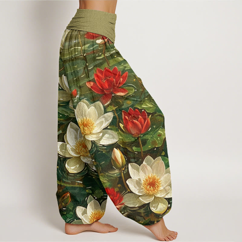 Pantaloni harem da donna con elastico in vita, modello casual con motivo a fiori di loto rosso in fiore, motivo Buddha Stones - image 9