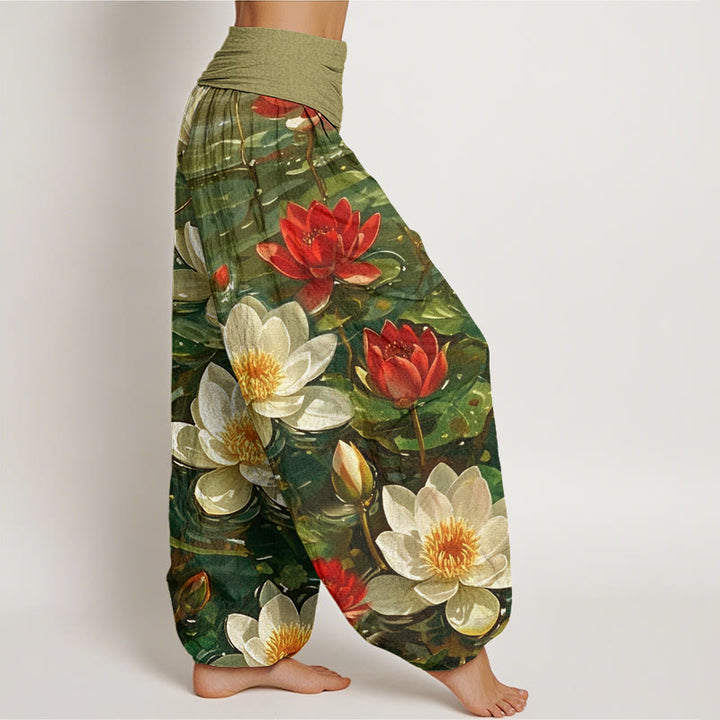 Pantaloni harem da donna con elastico in vita, modello casual con motivo a fiori di loto rosso in fiore, motivo Buddha Stones - image 9