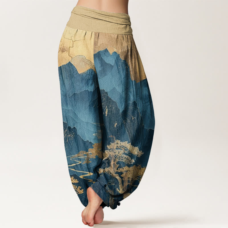 Pantaloni harem da donna con elastico in vita, motivo Buddha Stones, montagne, alberi e rami - image 3