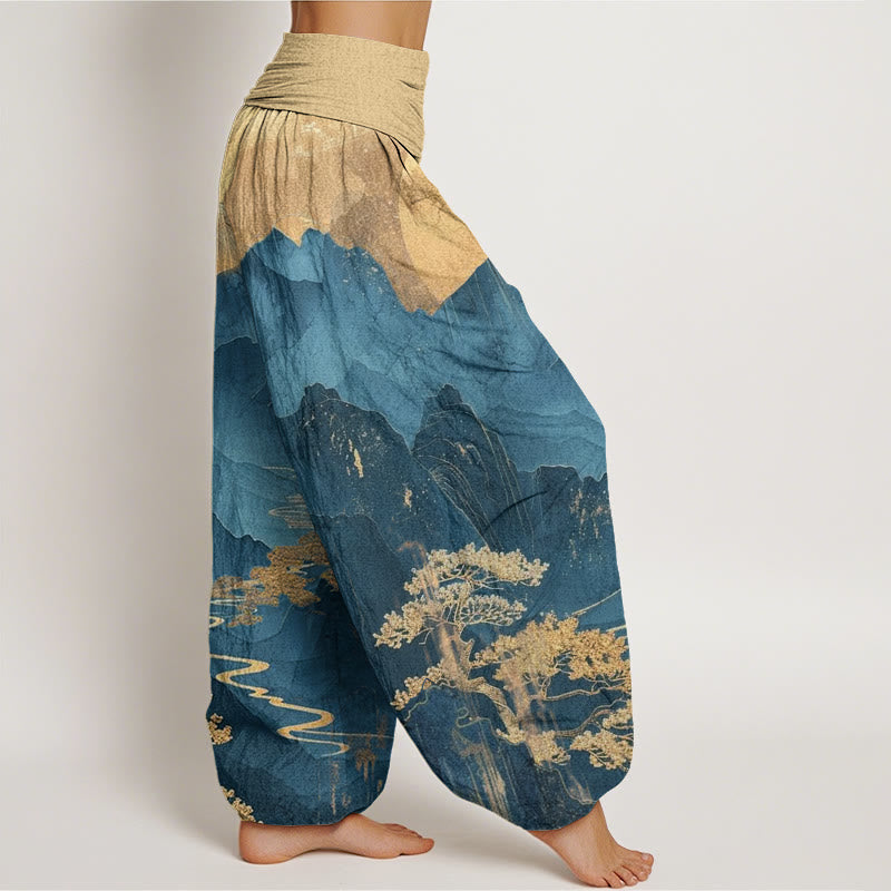 Pantaloni harem da donna con elastico in vita, motivo Buddha Stones, montagne, alberi e rami - image 2