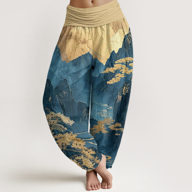 Pantaloni harem da donna con elastico in vita, motivo Buddha Stones, montagne, alberi e rami - SteelBlue - US22, UK/AU26, EU54 (6XL) - image 1