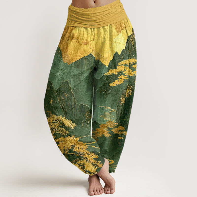 Pantaloni harem da donna con elastico in vita, motivo Buddha Stones, montagne, alberi e rami - Verde - US22, UK/AU26, EU54 (6XL) - image 5