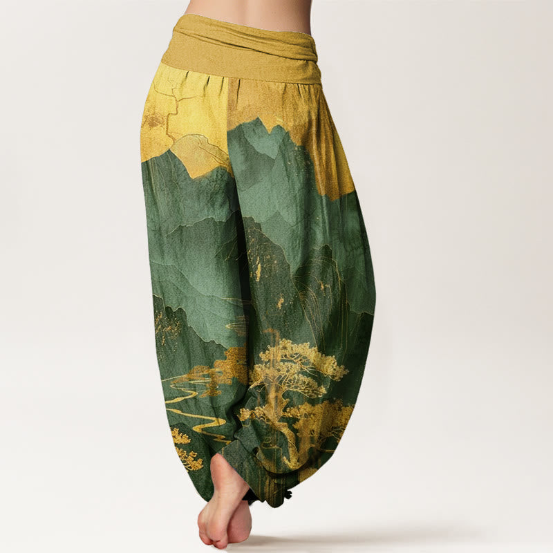Pantaloni harem da donna con elastico in vita, motivo Buddha Stones, montagne, alberi e rami - image 7