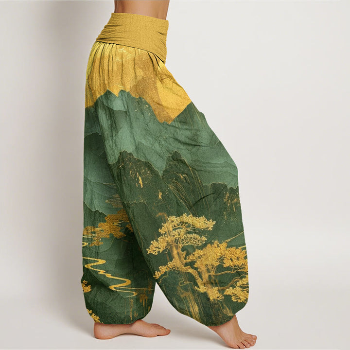 Pantaloni harem da donna con elastico in vita, motivo Buddha Stones, montagne, alberi e rami - image 6